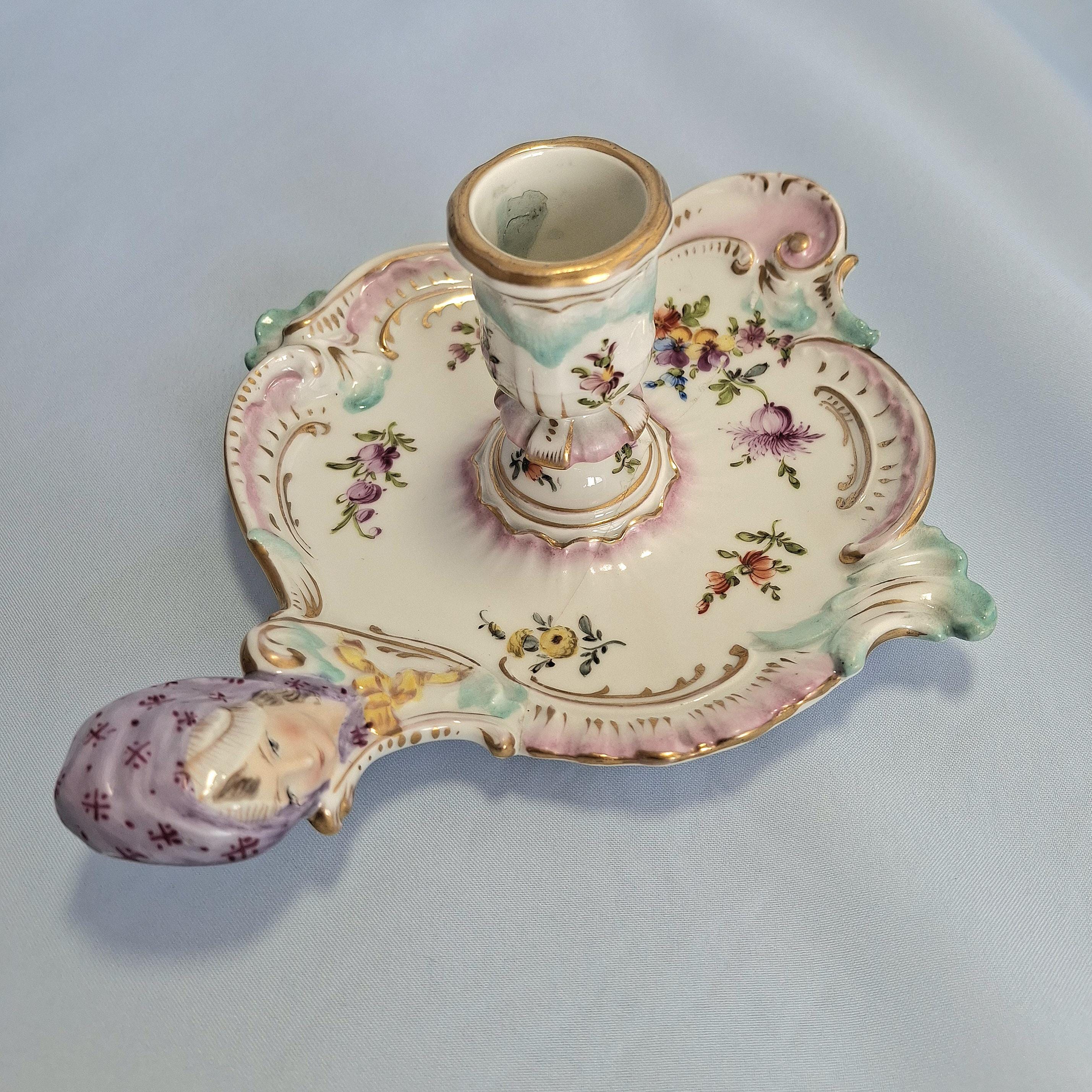 KPM Berlin Porcelain Chambersticks: Floral Weichmalerei, Figural Lady Handle