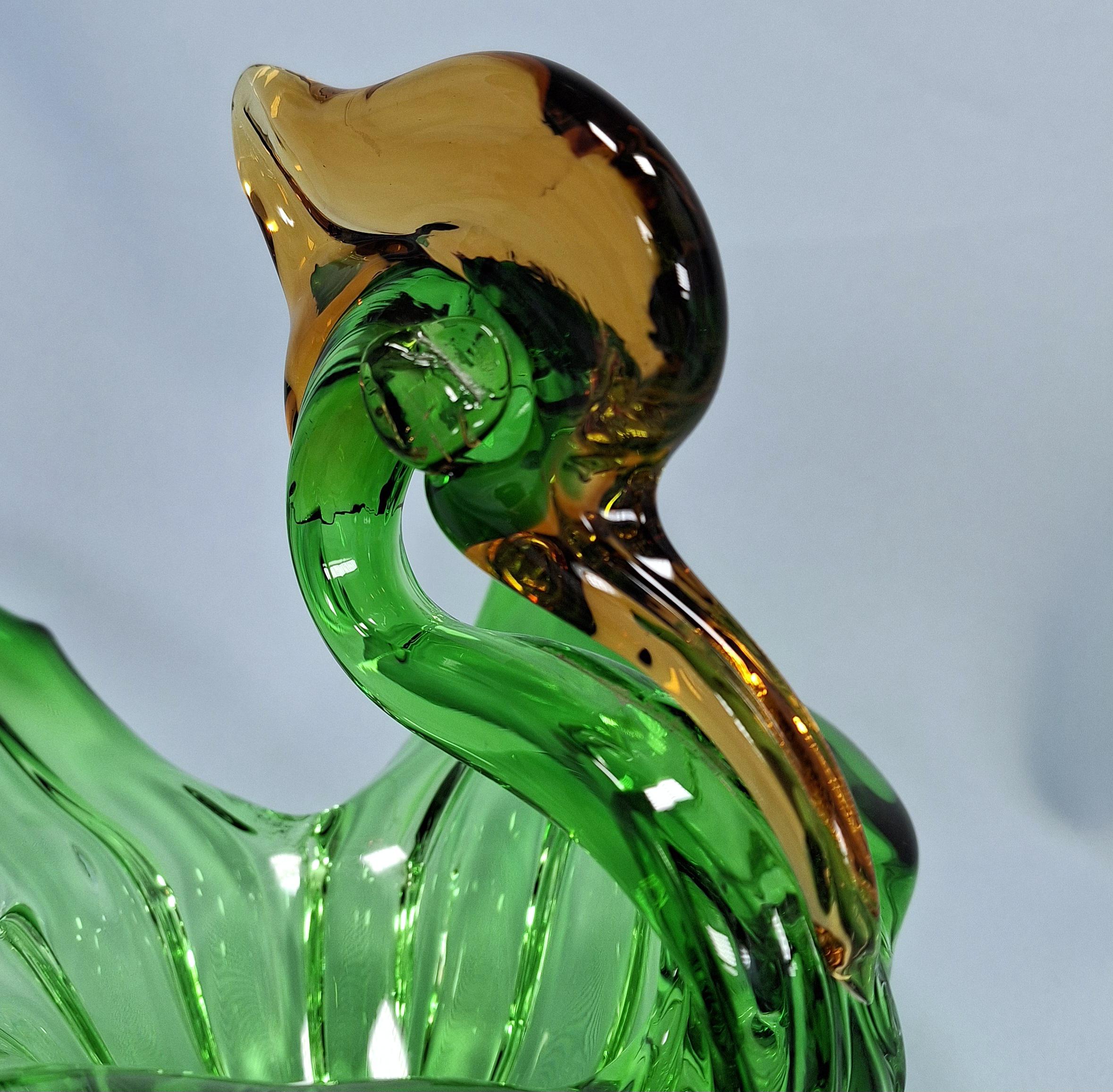 Vintage Art Glass Swan Bowl, Green Gold Murano Style Centerpiece — image 7