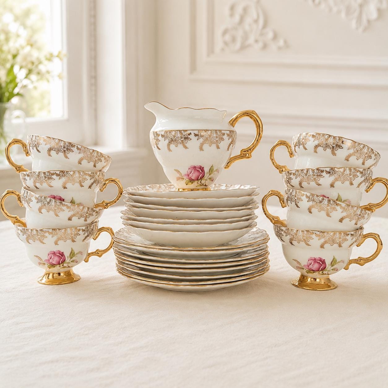 Vintage Rosina Bone China Tea Set, 7 Trios & Milk Jug, Pink Rose Gold Trim, England