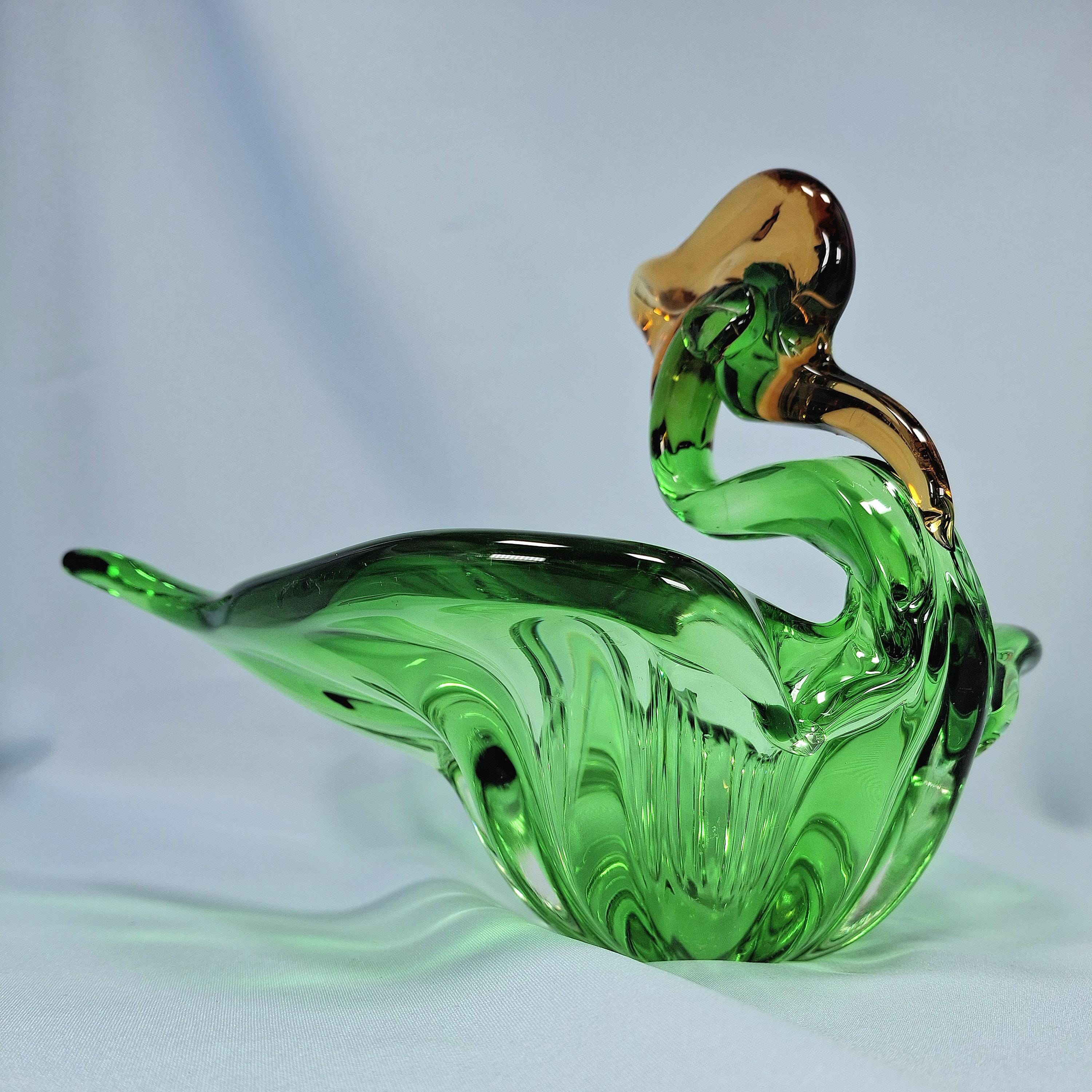 Vintage Art Glass Swan Bowl, Green Gold Murano Style Centerpiece — image 8