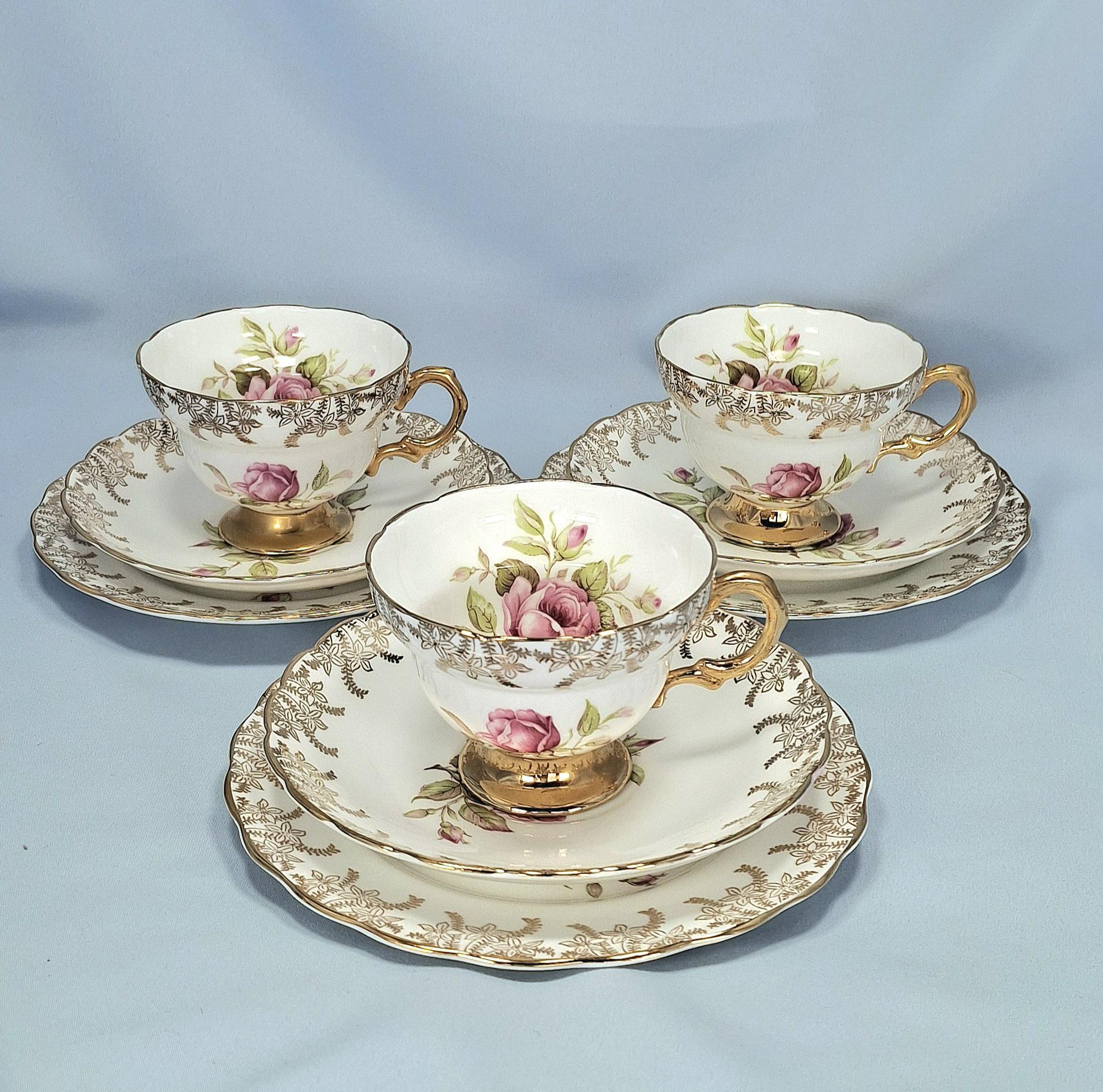 Vintage Rosina Bone China Tea Set, 7 Trios & Milk Jug, Pink Rose Gold Trim, England — image 10