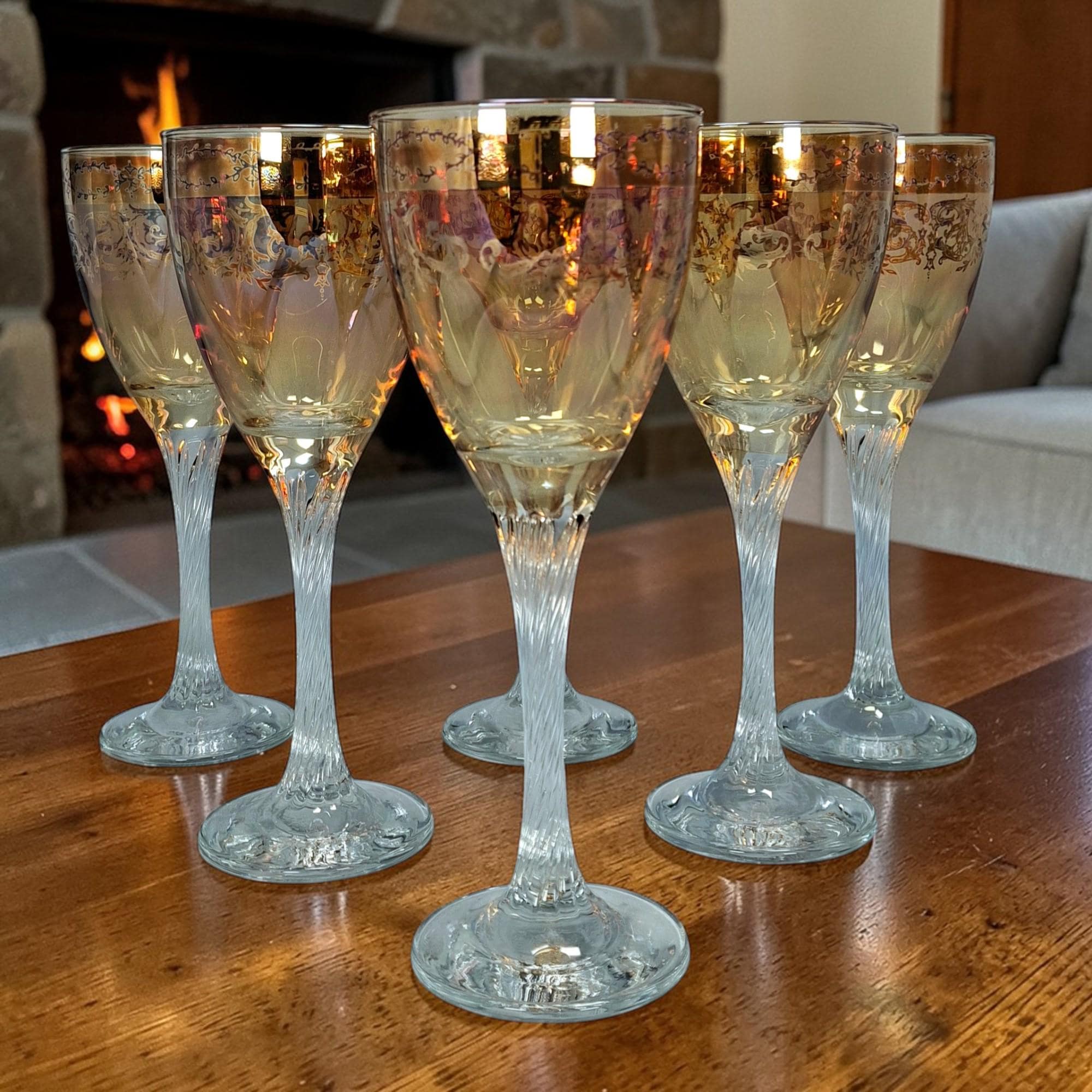 Set of 6 Umber Wine Glasses, Gold Trim, Twisted Stem Barware, Elegant Vintage Barware