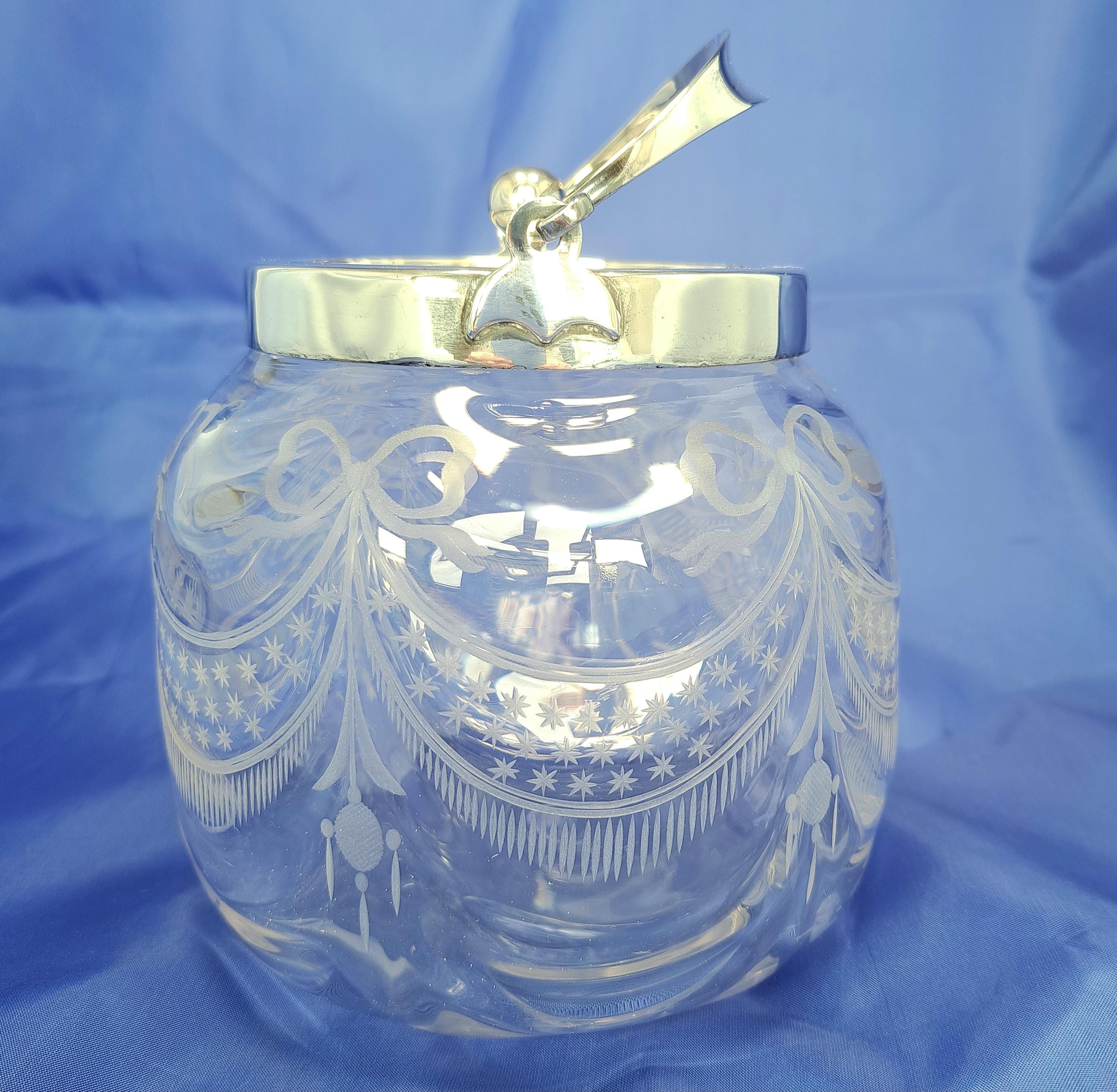 Antique Etched Glass Biscuit Barrel, Hand Blown, Silver Tone Lid, Edwardian Cookie Jar — image 7