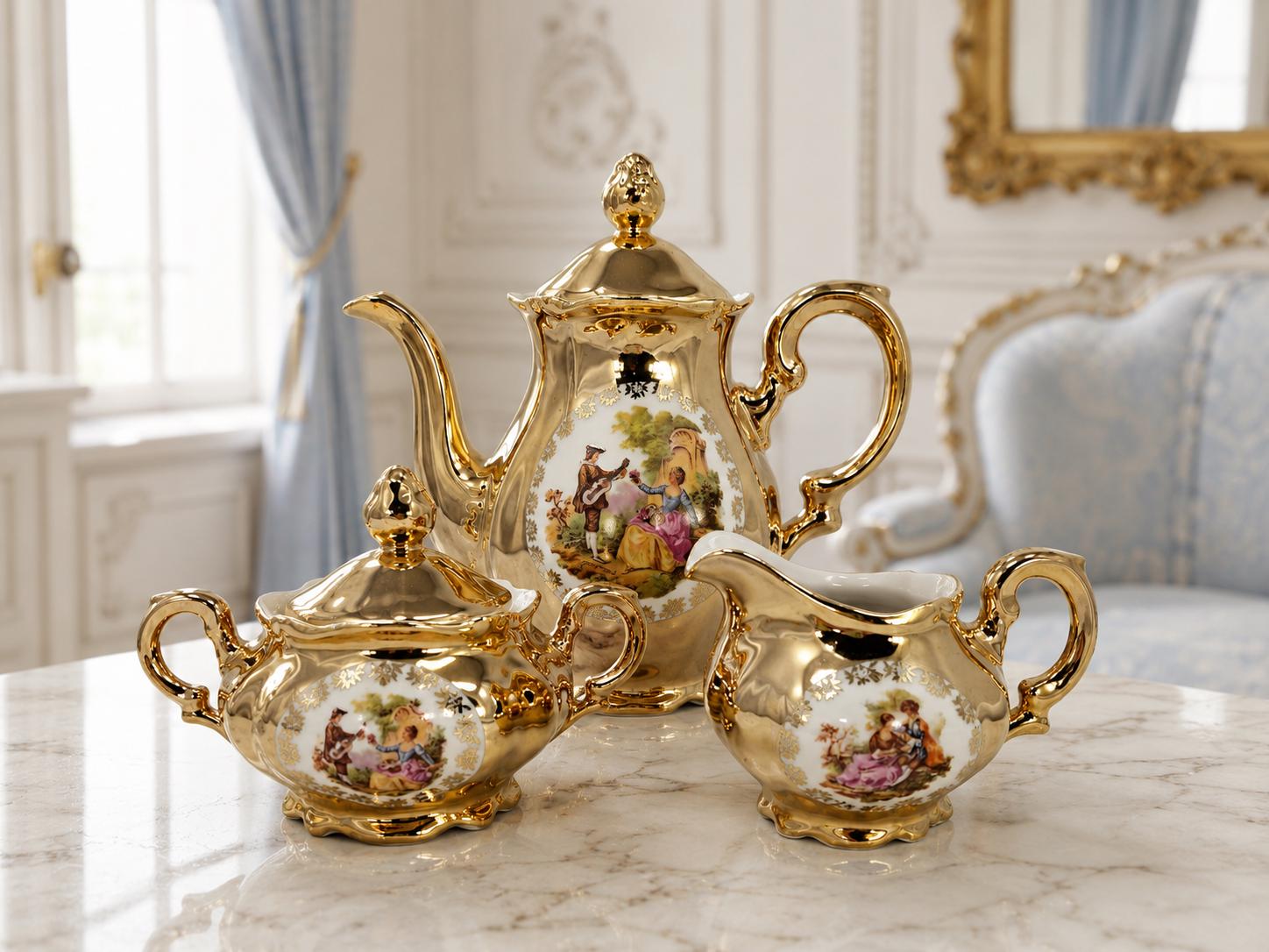 Seltmann Weiden Fragonard Gold Coffee Tea Set for 4, Vintage German Porcelain Demitasse Cups, Teapot, Sugar Bowl, Creamer — image 2