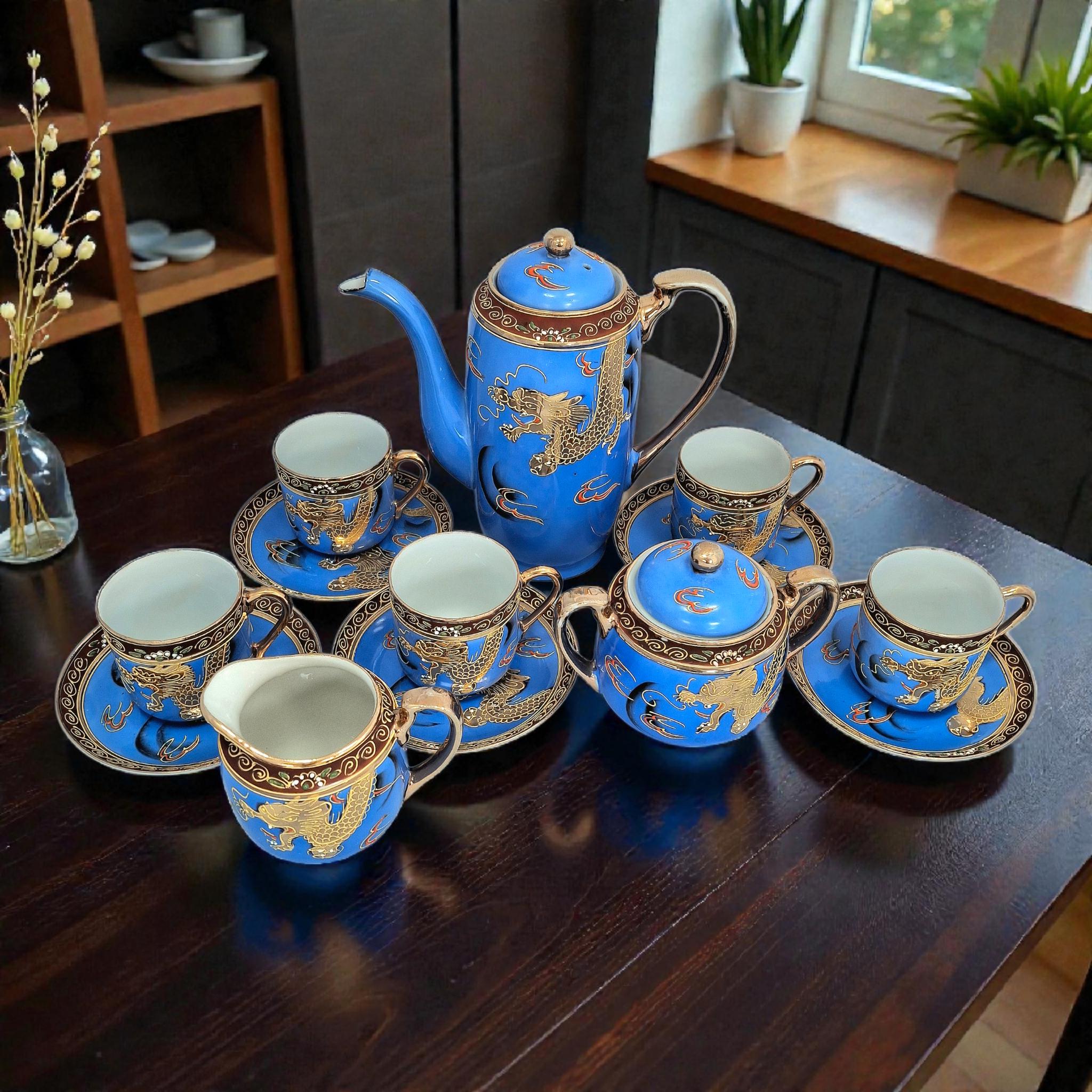 Antique Japanese Tea Coffee Set: Hand-painted Coloured Enamel