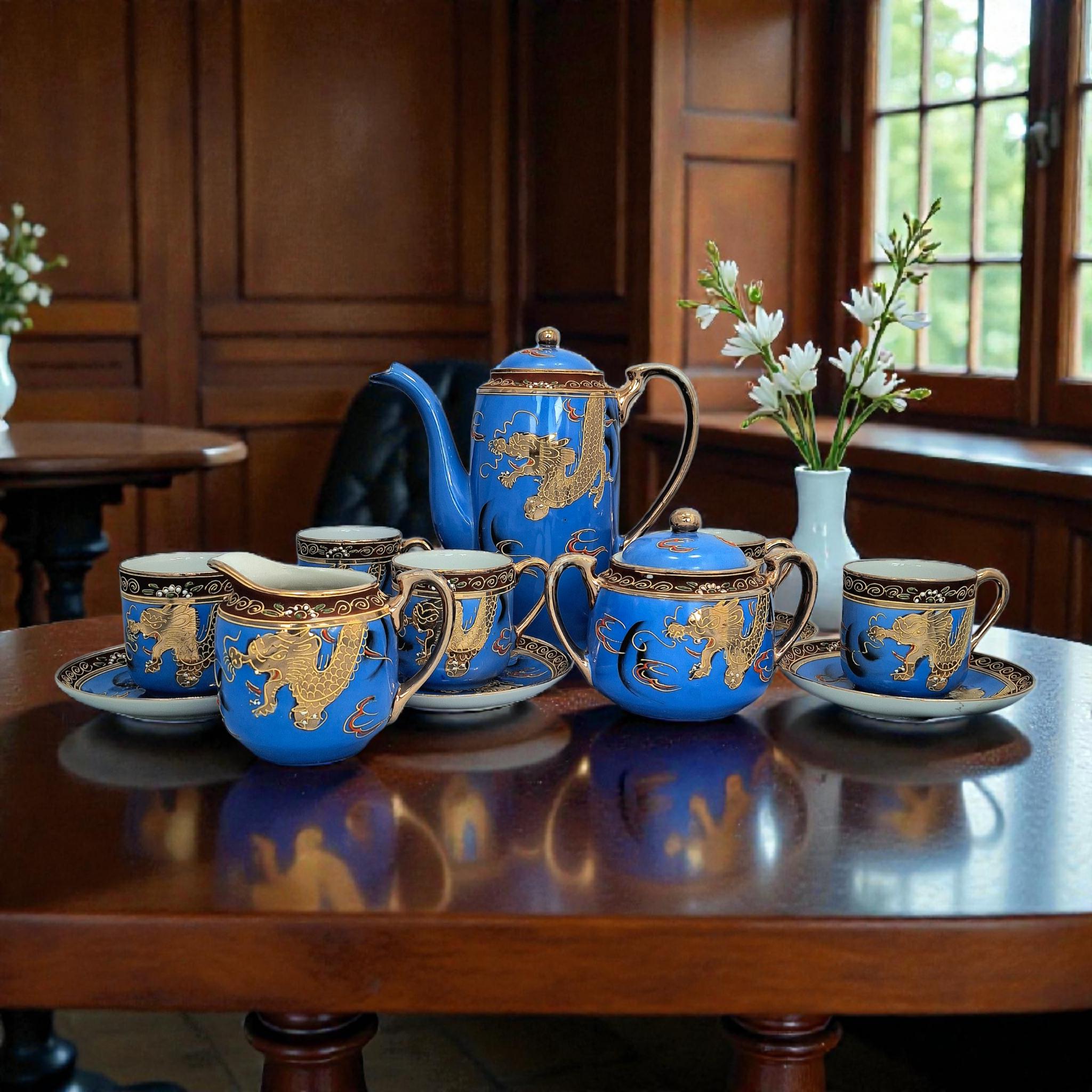 Antique Japanese Tea Coffee Set: Hand-painted Coloured Enamel