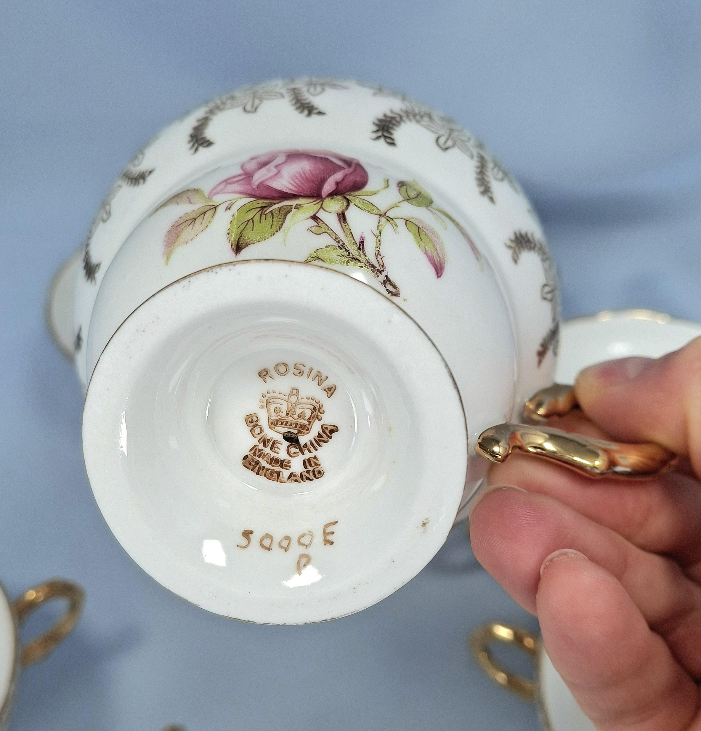 Vintage Rosina Bone China Tea Set, 7 Trios & Milk Jug, Pink Rose Gold Trim, England — image 9