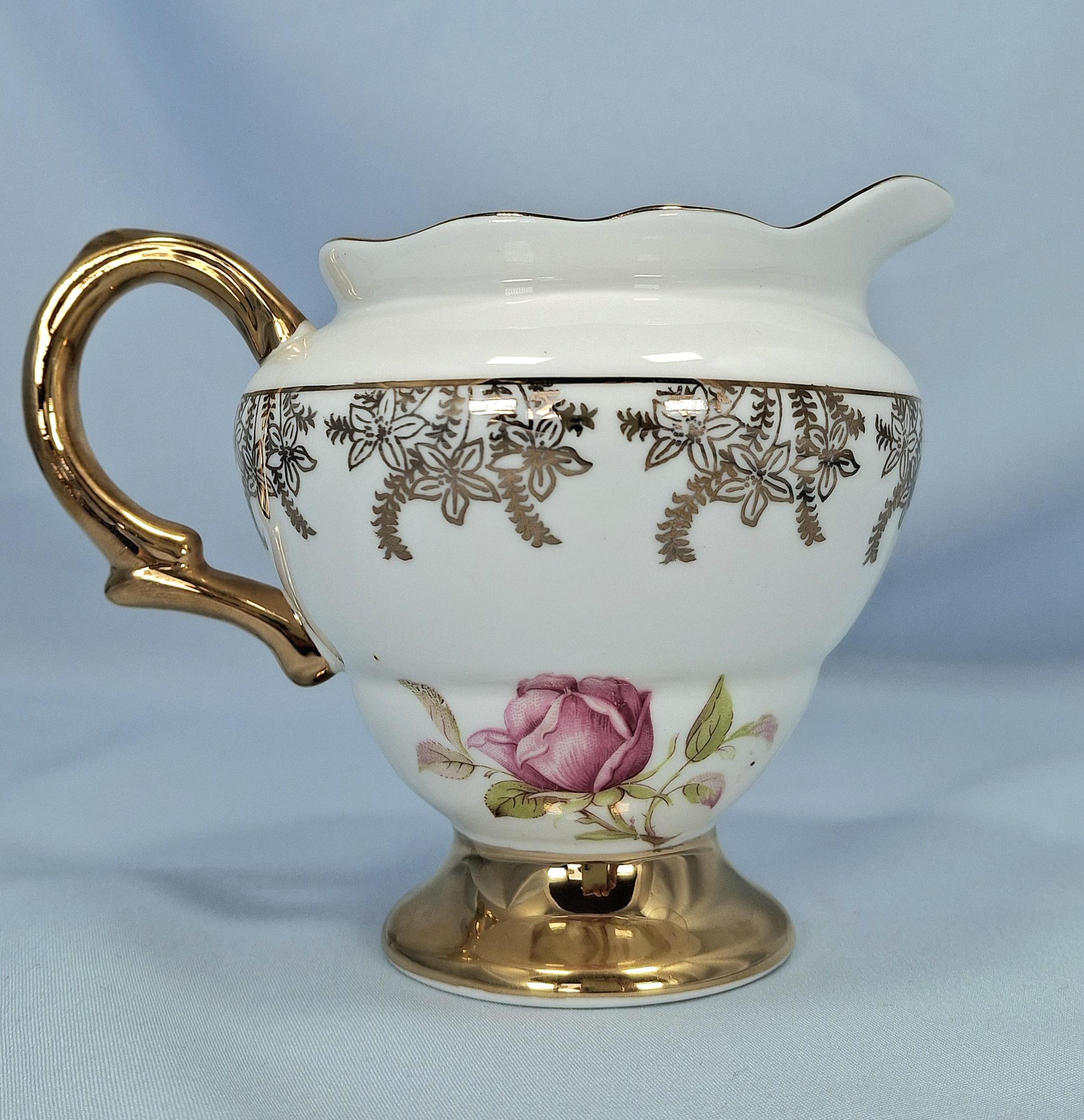 Vintage Rosina Bone China Tea Set, 7 Trios & Milk Jug, Pink Rose Gold Trim, England — image 7