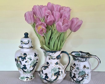 Vintage Mason&#39;s Ironstone Green Chartreuse Pattern - 3 Jugs, Potiche/Ginger Jar, Vase, Bell, Trinket Dish