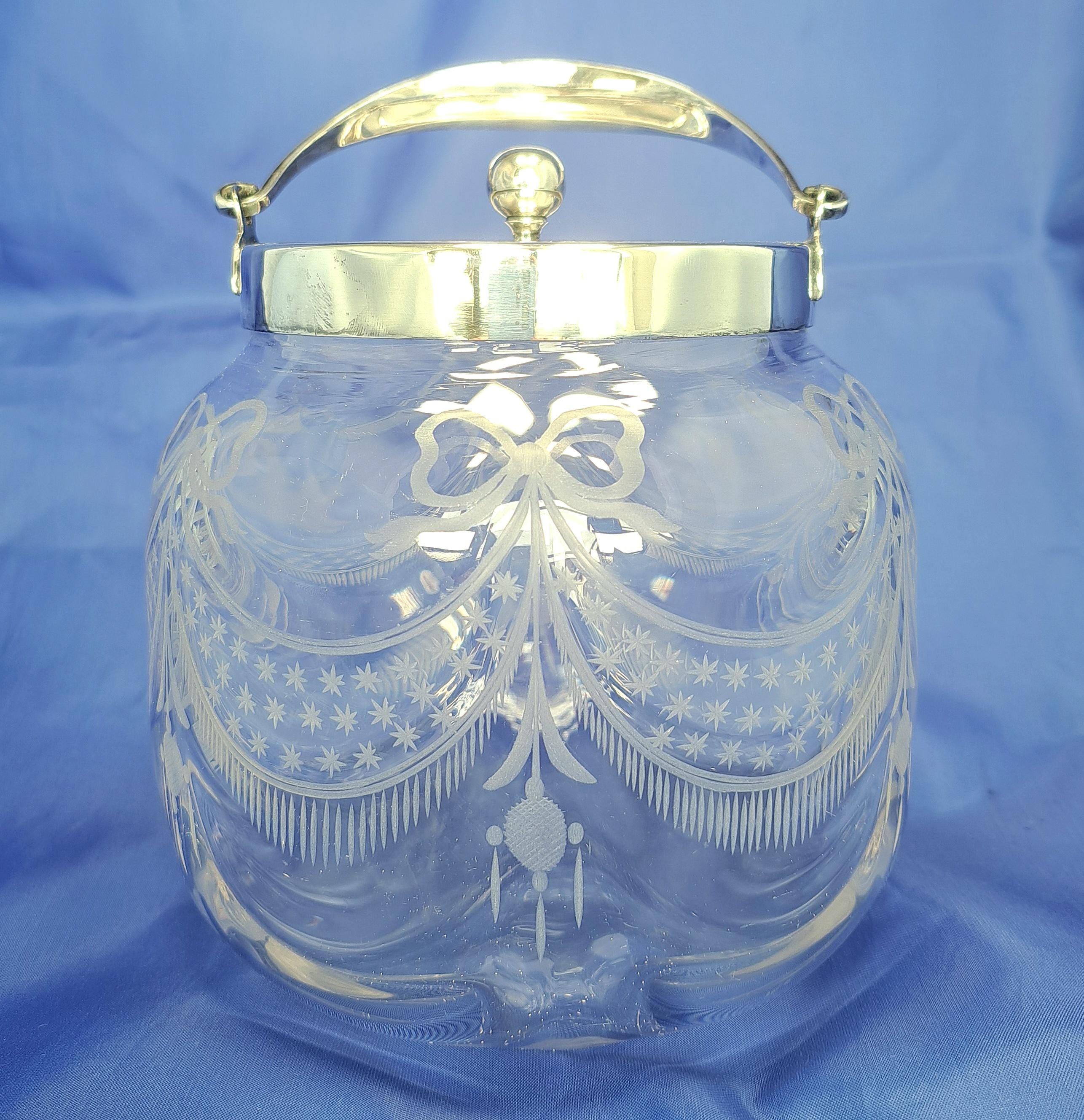 Antique Etched Glass Biscuit Barrel, Hand Blown, Silver Tone Lid, Edwardian Cookie Jar — image 2