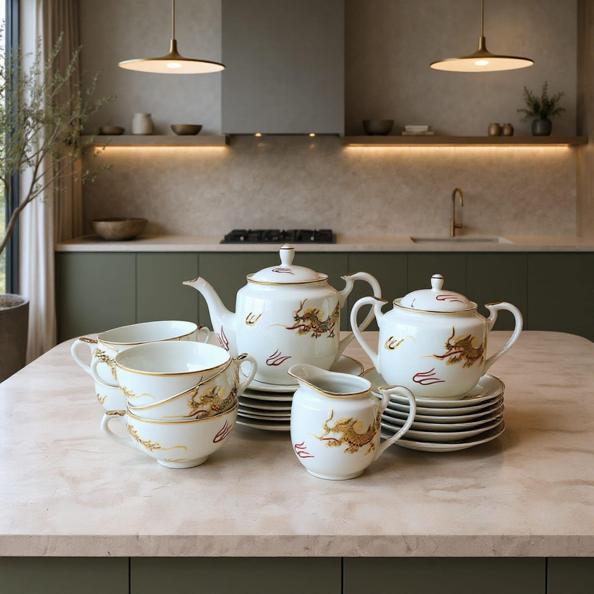 Vintage Japanese Dragon Ware Tea Set, Lithophane Geisha Cups, Kutani Moriage Porcelain, 1930s