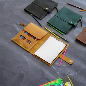 Sketchbook Cover Personalized, Sketch Book with Pencils Holder, Leather Art Book Case, Artist Gifts for Painting, Sketch Pad Cover