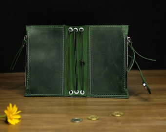Refillable Leather Traveler's Notebook Cover with Zipper Pockets, Fits Moleskine Pocket Large, Field Notes, Standard A5 A6 B6 Passport