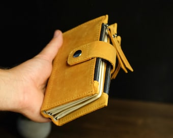 Personalized Leather Traveler's Notebook Cover with Zipper Pockets, Refillable Journal Fits Moleskine, Field Notes, A5 A6 B6 Cover