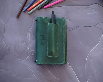Personalized Leather Field Notes Planner Cover with Pen Holder, Refillable Journal