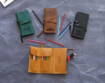 Leather Roll-Up Pencil Case, Personalized Artist Paint Brush Holder, Craft Tool Pouch Organizer