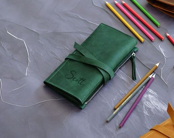 Genuine Leather Pencil Roll, Art Brush Case, Pen Organizer, Zippered Pouch