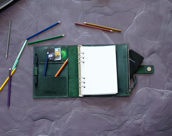 Green Leather A5 Ring Binder, Personalized Refillable Journal