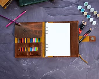Personalized Leather A5 Ring Binder, Refillable Journal Cover, Art Supply Organizer
