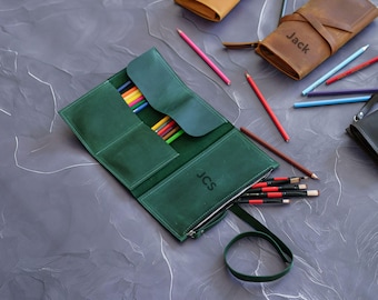 Personalized Leather Roll Up Case, Pen Brush Holder, Artist Organizer, Zippered Pocket