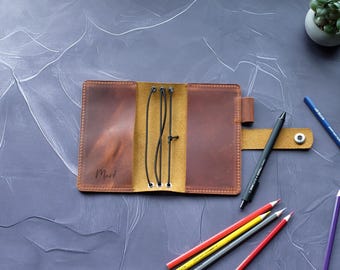 Personalized Leather Travelers Notebook Cover, Refillable Journal Cover, A5 A6 Sizes
