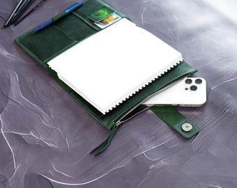 Personalized Leather Journal Cover, Refillable Notebook, Phone Pocket, Planner Holder