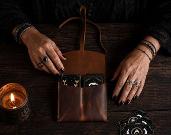 Leather Tarot Deck Holder, Two Card Travel Case, Mystical Pouch
