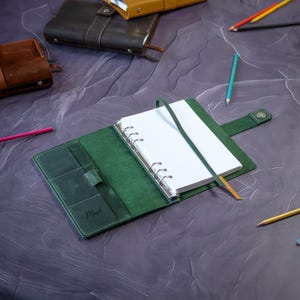 Carpeta de anillas A5, cuaderno de cuero verde bosque, diario recargable personalizado, agenda semanal y mensual con tapa dura, regalo para papá, regalo de jubilación
