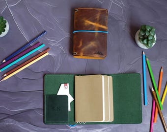 Könnte beinhalten: Ein braunes Lederjournal mit blauem Gummiband, ein offenes grünes Lederjournal mit kleinen Notizbüchern und Buntstiften auf dunkler Oberfläche. Das offene Journal hat eine Karte und die Initialen "S.N.".