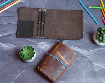Personalized Leather Travelers Notebook Cover, Refillable Trifold Field Notes Case A5, A6, B6