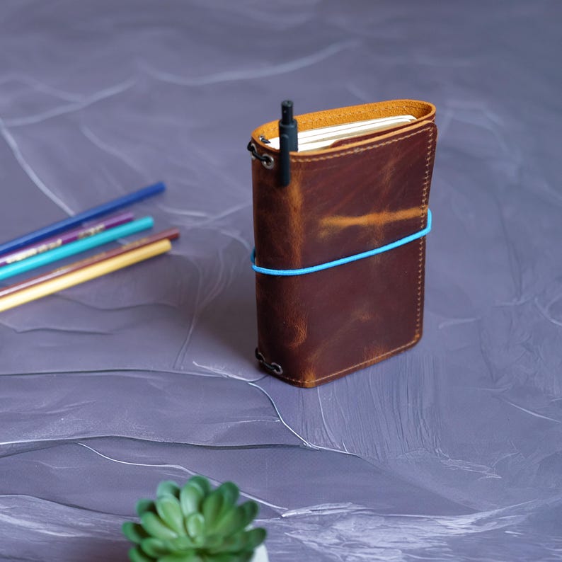 May include: A brown leather journal with a black pen inserted in the spine. The journal is secured with a blue elastic band. Colored pencils are visible in the background. A small green succulent plant is in the foreground.
