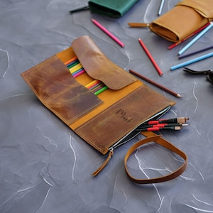 Pencil Roll up Case, Craft Paint Tool Case, Leather Pen Organizer Pouch, Custom Pencil Roll Holder, Artist Brush Roll, Pencil Storage Travel