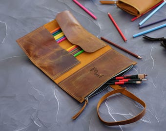 Leather Roll Up Pencil Case, Custom Artist Brush Holder, Travel Storage