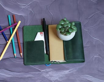 Trifold Leather Journal Cover, Passport Size Refillable Notebook, Personalized Gift