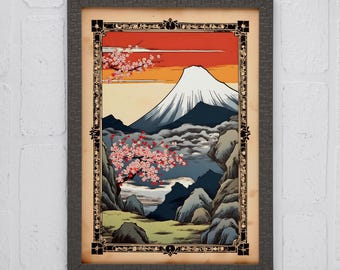 Póster japonés vintage con impresión artística retro, paisaje del monte Fuji, arte de pared de estilo antiguo para bar, cocina y sala de estar, arte digital descargable.