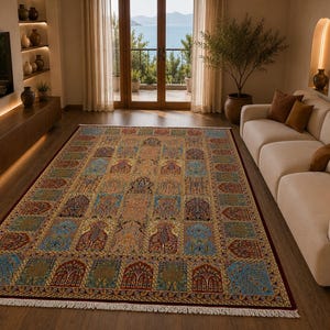 Bambus Seidenteppich, weinroter blauer Blumen Gartenteppich, anatolischer Patchwork-Teppich, traditionelles Wohnzimmerdekor (15 x 2 m)