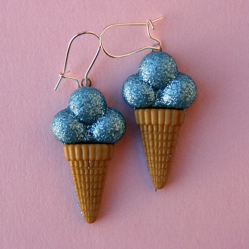 Miniature Ice Cream Cone Earrings Shimmery Blueberry Ice Cream Cones image 1