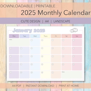 Kalender/planner 2025 | Leuk ontwerp | Instant Download Print at Home kalender 2025 | A4-pdf-bestand | Landschap | Kalender maandag start 2025