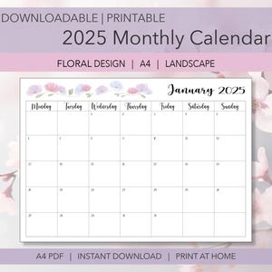 Kalender/planner 2025 | Bloemdessin | Instant Download Print at Home kalender 2025 | A4-pdf-bestand | Landschap | Kalender maandag start 2025