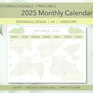 Kalender/planner 2025 | Botanisch ontwerp | Instant Download Print at Home kalender 2025 | A4-pdf-bestand | Landschap | Kalender maandag start 2025