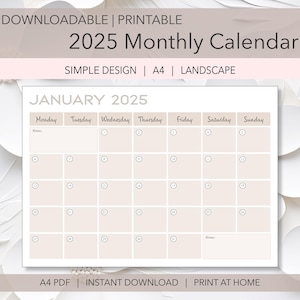 Kalender/planner 2025 | Eenvoudig ontwerp | Instant Download Print at Home kalender 2025 | A4-pdf-bestand | Landschap | Kalender maandag start 2025