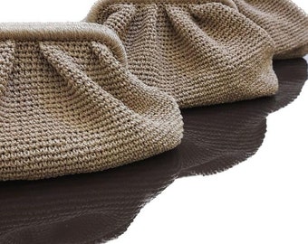 Bolso clutch de bolsa con marco de cierre oculto, embrague hecho a mano de hilo de papel, bolso de verano de ganchillo, embrague de punto negro, ganchillo bronceado