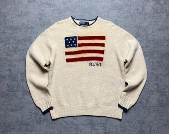 Vintage 67 Polo Ralph Lauren Sweater Wool Flag Knit Rare Ivory Size M