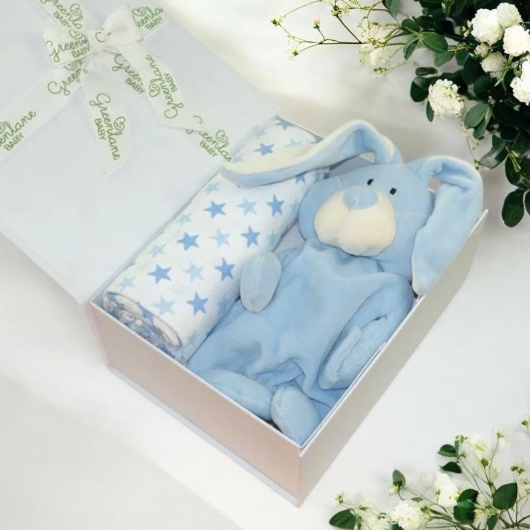Boxed Baby Gift Set Containing a Cute Organic Blue Bunny Comforter and ...