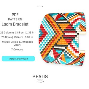 Op de afbeelding: Een kleurrijk loom armbandpatroon met een geometrisch ontwerp. Het patroon is voor een armband die 13,5 cm lang en 3,5 cm breed is. Het patroon gebruikt 78 rijen en 25 kolommen Miyuki Delica 11/0 kralen. Het patroon is beschikbaar voor directe download.