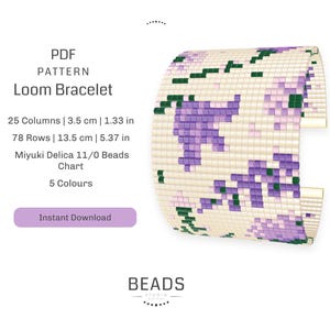 Op de afbeelding: PDF-patroon voor een loom armband met een bloemenmotief. De armband is 3,5 cm breed en 13,5 cm lang. Het is gemaakt met Miyuki Delica 11/0 kralen in 5 kleuren. Direct downloaden.