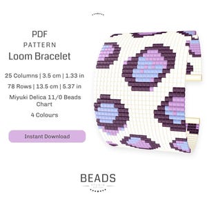 May include: A PDF pattern for a loom bracelet with a leopard print design. The pattern is for a bracelet that is 1.33 inches wide and 5.37 inches long. It uses Miyuki Delica 11/0 beads and requires 4 colors.