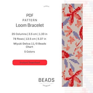 Könnte beinhalten: Ein PDF-Muster für ein Webarmband mit einem floralen Design aus roten, rosa und blauen Perlen. Das Muster ist für ein Armband, das 3,5 cm breit und 13,5 cm lang ist. Es werden 5 Farben Miyuki Delica 11/0 Perlen benötigt.