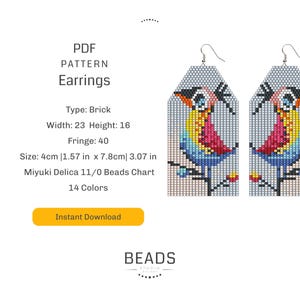 Colorful Bird Beaded Earrings Pattern PDF, Brick Stitch Design, Miyuki Delica 11/0 Beadwork, Fun Animal Jewelry DIY Tutorial