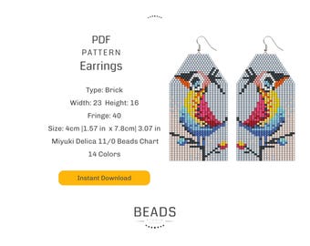 Colorful Bird Beaded Earrings Pattern PDF, Brick Stitch Design, Miyuki Delica 11/0 Beadwork, Fun Animal Jewelry DIY Tutorial